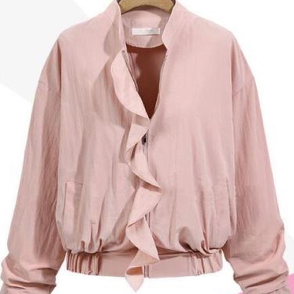 Ruffle blush pink bomber jacket
